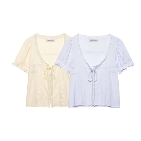 Women V Neck Lace Patchwork Short Sleeve Blouse Sweet Tie Front Puff Sleeve Ruffle Trim Elegant Summer Casual Polyester Top