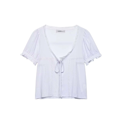 Women V Neck Lace Patchwork Short Sleeve Blouse Sweet Tie Front Puff Sleeve Ruffle Trim Elegant Summer Casual Polyester Top
