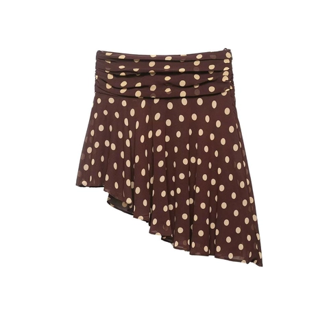 Women Summer Casual Asymmetric Polka Dot Mini Skirt High Waist Pleated Ruffle Chiffon Look Polyester Skirt Brown Cream