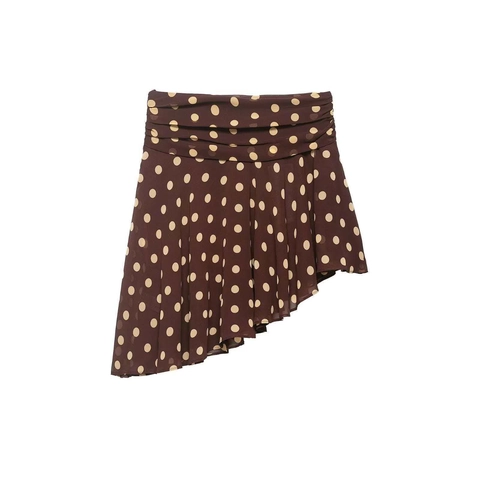 Women Summer Casual Asymmetric Polka Dot Mini Skirt High Waist Pleated Ruffle Chiffon Look Polyester Skirt Brown Cream