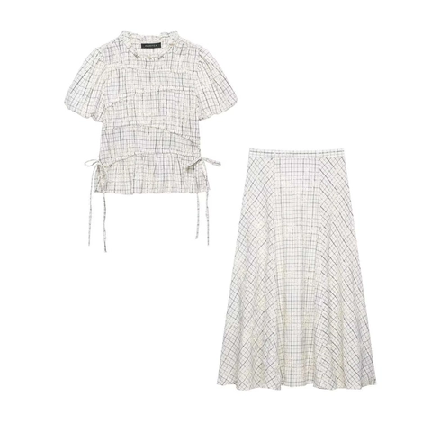 Vintage Gingham Plaid Two Piece Skirt Set Women Puff Sleeve Drawstring Top And Floral Embroidery High Waist A-Line Long Skirt Co-ord