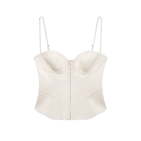 Women Sexy Off-White Bustier Crop Top Adjustable Spaghetti Straps Structured Corset Top Slim Fit Hook Closure Vest