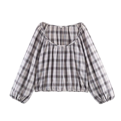 Women Plaid Bubble Sleeve Shirt Round Neck Smocked Hem Vintage Checkered Pattern Long Sleeve Casual Summer Blouse Top