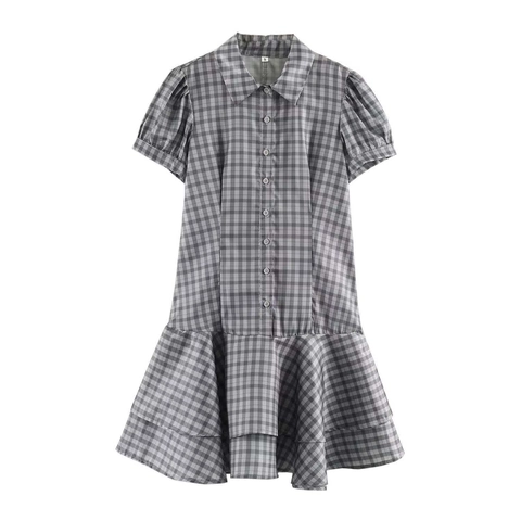 Mini Robe Gingham à Volants Femme Col Chemise Manches Bouffantes Courtes Coupe Ajustée Élégante Plaid Été