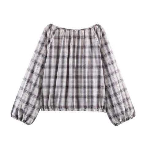 Women Plaid Bubble Sleeve Shirt Round Neck Smocked Hem Vintage Checkered Pattern Long Sleeve Casual Summer Blouse Top