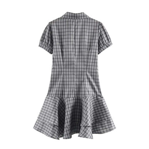Mini Robe Gingham à Volants Femme Col Chemise Manches Bouffantes Courtes Coupe Ajustée Élégante Plaid Été