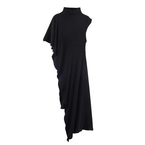 Women Summer Asymmetric Pleated Midi Dress High Neck Short Fly Sleeve Slim Fit Minimalist Casual Elegant Black Bodycon Dress