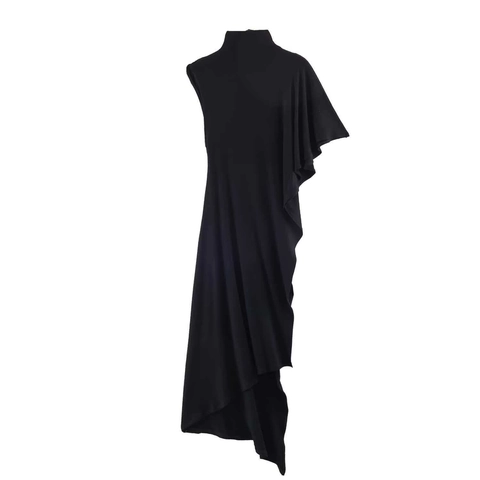Women Summer Asymmetric Pleated Midi Dress High Neck Short Fly Sleeve Slim Fit Minimalist Casual Elegant Black Bodycon Dress