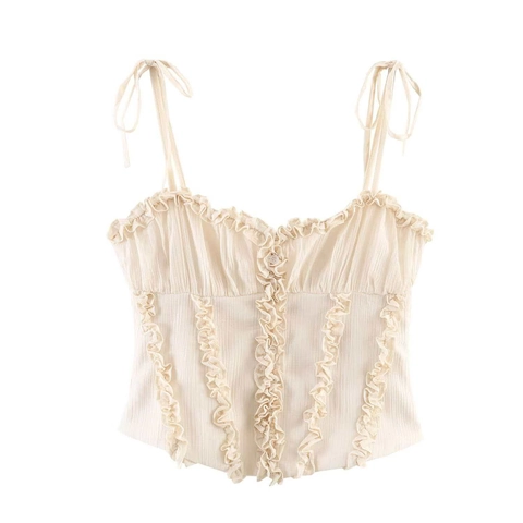 Damen Süße Rüschen Schulterbindung Camisole Crop Top Sexy Korsett Stil Knopfleiste Sommer Tank Top Aprikose Ärmelloses Top