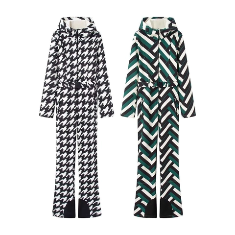 Women Winter Outdoor Ski Suit Windproof Waterproof Warm Hooded Jumpsuit Houndstooth Geometric Print One Piece Jumpsuit With Belt