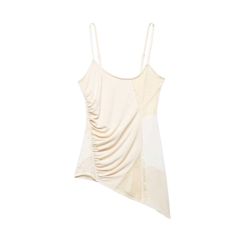 Camisola de Mujer Sexy con Retazos de Encaje Top Asimétrico Fruncido Sin Mangas Albaricoque Fiesta Club Cami Elegante Ajustado