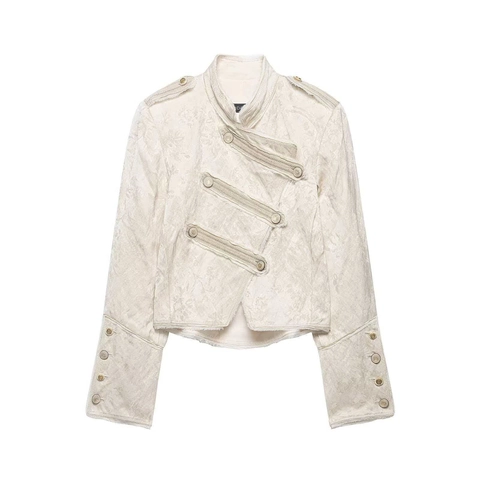 Chaqueta Jacquard de Estilo Militar Vintage para Mujer Cuello Alto Doble Botonadura Botones Metálicos Abrigo Corto Beige