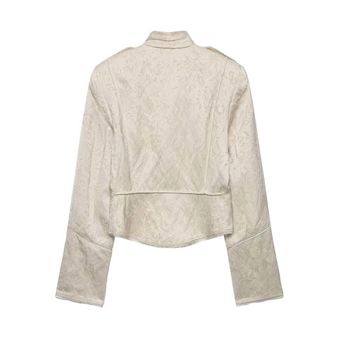 Chaqueta Jacquard de Estilo Militar Vintage para Mujer Cuello Alto Doble Botonadura Botones Metálicos Abrigo Corto Beige