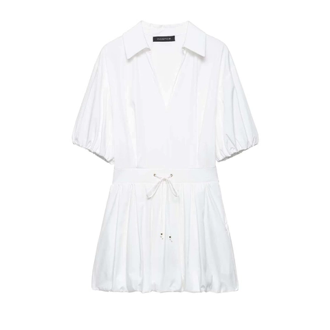 Robe Chemise Femme Élégante Blanche Manches Bouffantes Col en V Cordon de Serrage Taille Plissée Mini Robe Décontractée Été