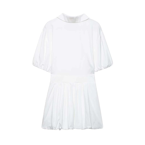Robe Chemise Femme Élégante Blanche Manches Bouffantes Col en V Cordon de Serrage Taille Plissée Mini Robe Décontractée Été