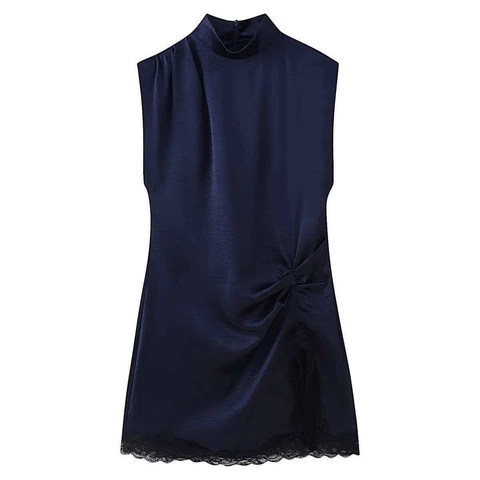 Damen Eleganz Satin Ärmellos Minikleid Stehkragen Gerafft Seite Kleid Mit Spitzenbesatz Patchwork Marineblau Etuikleid