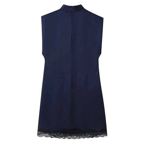 Damen Eleganz Satin Ärmellos Minikleid Stehkragen Gerafft Seite Kleid Mit Spitzenbesatz Patchwork Marineblau Etuikleid