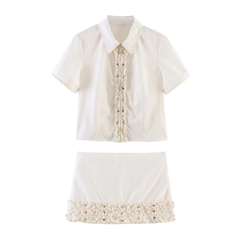 Women Vintage Off-White Ruffle Short Sleeve Blouse And Pleated Mini Skirt With Metal Rivet Accents Elegant Skirt Suit