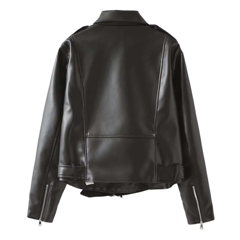 Dames Zwart PU Leer Bikerjack Meerdere Ritszakken Lange Mouw Revers Motorjas Met Verstelbare Riem Herfst Bovenkleding