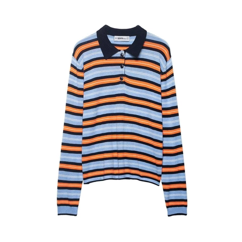 Maglione Polo Donna Casual a Righe Manica Lunga in Maglia Top con Colletto a Contrasto Colore Pullover Autunno