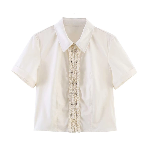 Women Vintage Off-White Ruffle Short Sleeve Blouse And Pleated Mini Skirt With Metal Rivet Accents Elegant Skirt Suit