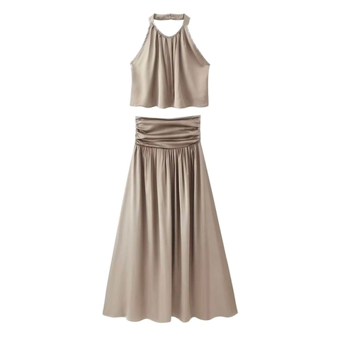 Women Elegant Satin Halter Neck Vest Top And High Waist Pleated Long Skirt Summer Sleeveless Solid Color Two Piece Apparel