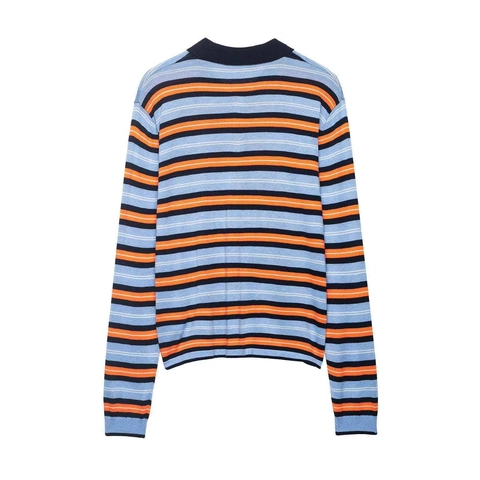 Maglione Polo Donna Casual a Righe Manica Lunga in Maglia Top con Colletto a Contrasto Colore Pullover Autunno
