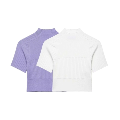 T-shirt Femme Décontracté en Tricot Nervuré à Col Montant Manches Courtes Coupe Slim Polyester Couleur Unie