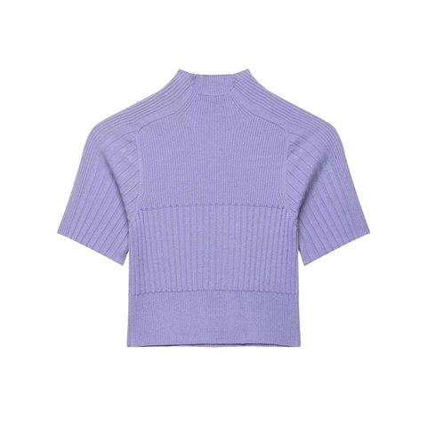 T-shirt Femme Décontracté en Tricot Nervuré à Col Montant Manches Courtes Coupe Slim Polyester Couleur Unie