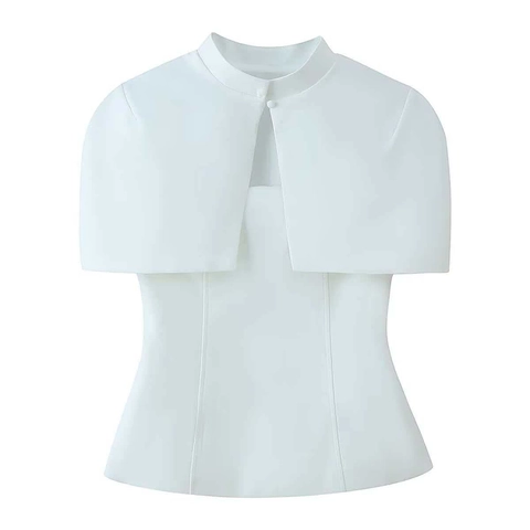 Women Elegant Stand Collar Capelet Fake Two-Piece Top Sleeveless Slim Fit Blouse Patchwork Summer Office Commuter Shirt