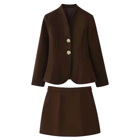 Donna Vintage Marrone Scuro Lanoso Blazer E Minigonna Set Elegante Completo Pendolare Con Bottoni A Rilievo Dorati Manica Lunga