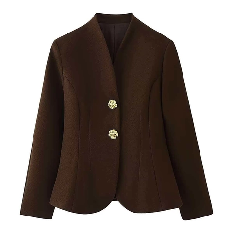 Donna Vintage Marrone Scuro Lanoso Blazer E Minigonna Set Elegante Completo Pendolare Con Bottoni A Rilievo Dorati Manica Lunga