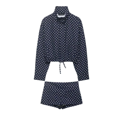 Conjunto De Dos Piezas De Lunares Para Mujer Cuello Alto Chaqueta Con Cordón Y Pantalones Cortos Ropa De Verano Casual