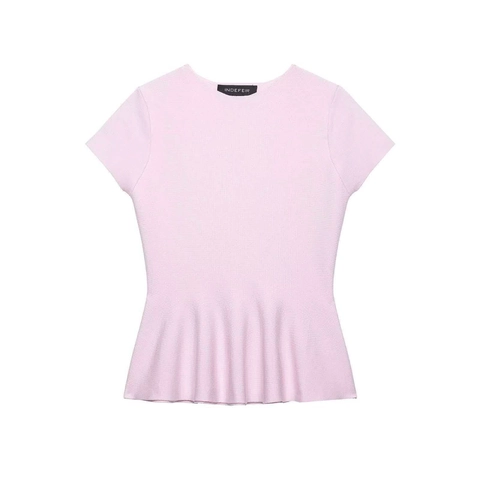 Damen Casual Slim Fit Schößchen Strickoberteil Rundhalsausschnitt Kurzarm Einfarbig Weich Strickpullover Sommerhemd Rosa