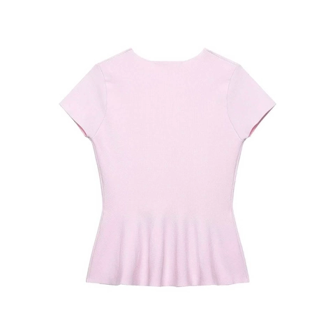 Damen Casual Slim Fit Schößchen Strickoberteil Rundhalsausschnitt Kurzarm Einfarbig Weich Strickpullover Sommerhemd Rosa
