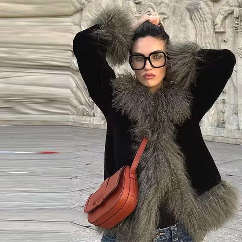 Damen Vintage Samt Kunstfell Spleißen Jacke Elegant V-Ausschnitt Langarm Offene Vorderseite Herbst Winter Warm Mantel