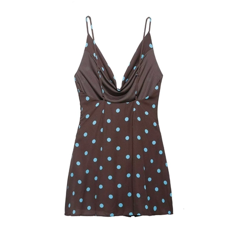 Abito da Donna Vintage a Pois con Collo a Cappuccio Sottoveste Estivo Sexy Arricciato Spalline Sottili Mini Abito Aderente Marrone Blu