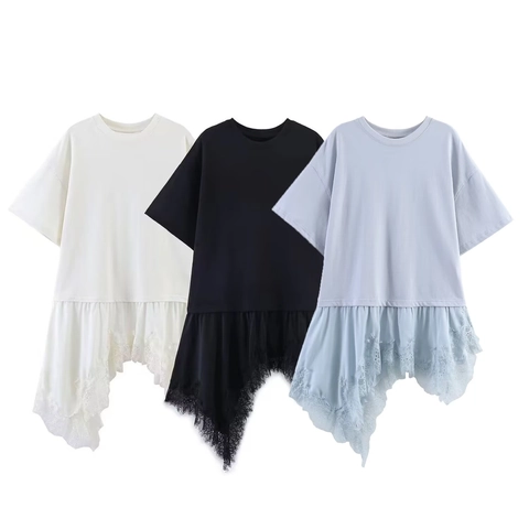 Γυναικείο Casual Κοντομάνικο T-Shirt Με Ακανόνιστο Ασύμμετρο Δαντελένιο Patchwork Στρίφωμα Στρογγυλή Λαιμόκοψη Μονόχρωμο
