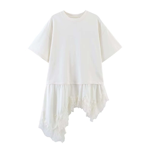 Γυναικείο Casual Κοντομάνικο T-Shirt Με Ακανόνιστο Ασύμμετρο Δαντελένιο Patchwork Στρίφωμα Στρογγυλή Λαιμόκοψη Μονόχρωμο
