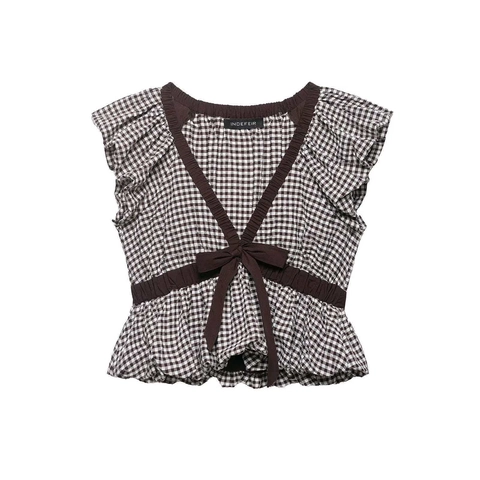 Dames Vintage Gingham Peplum Top Met Strik Ruffles Korte Mouw Bruin Wit Geruit Zomer Casual Blouse