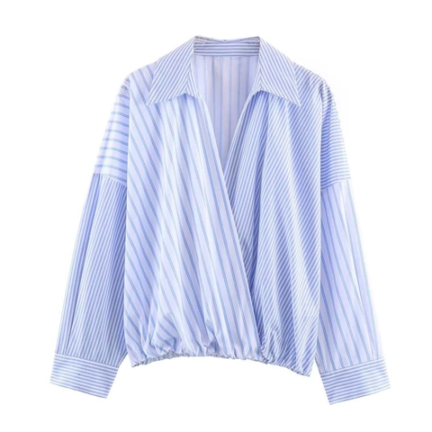 Camicia da Donna Casual a Righe Blu in Popeline Scollo a V Design a Portafoglio Orlo Elastico Manica Lunga Patchwork Elegante Top