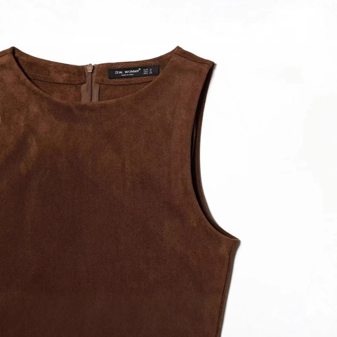 Women Elegant Faux Suede Sleeveless Mini Dress Round Neck Back Zipper Slim Fit Solid Coffee Brown Short Dress
