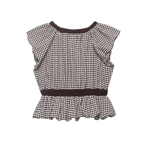 Dames Vintage Gingham Peplum Top Met Strik Ruffles Korte Mouw Bruin Wit Geruit Zomer Casual Blouse