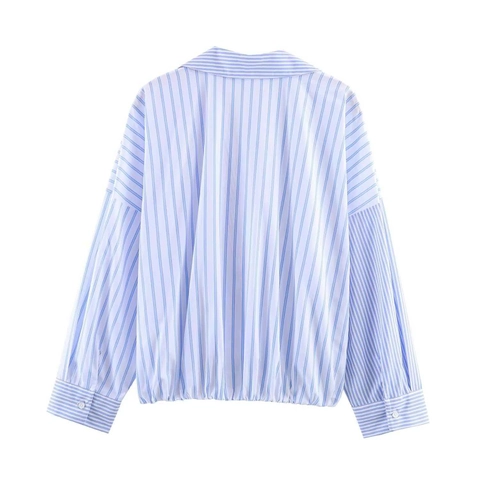 Camicia da Donna Casual a Righe Blu in Popeline Scollo a V Design a Portafoglio Orlo Elastico Manica Lunga Patchwork Elegante Top