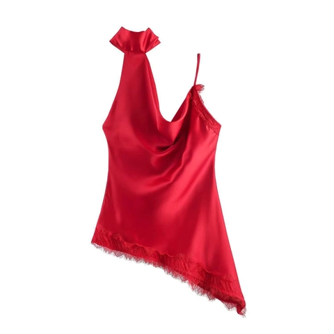 Canotta da Donna Sexy in Raso Rosso con Scollo a Cappuccio Asimmetrica in Pizzo Patchwork Halter Elegante Fiocco Estate Gilet