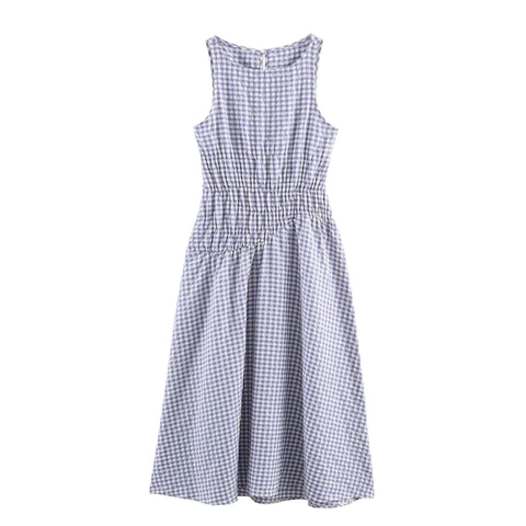 Damen Ärmellos Gingham Midi Kleid Gesmokte Taille A-Linie Rundhals Kariert Sommer Lässig Elegant Polyester Sommerkleid