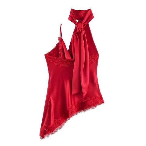 Canotta da Donna Sexy in Raso Rosso con Scollo a Cappuccio Asimmetrica in Pizzo Patchwork Halter Elegante Fiocco Estate Gilet