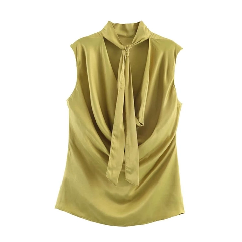 Women's Elegant Satin Sleeveless Bow Tie Blouse Elegant Stand Collar Solid Color Summer Commute Tops For Women