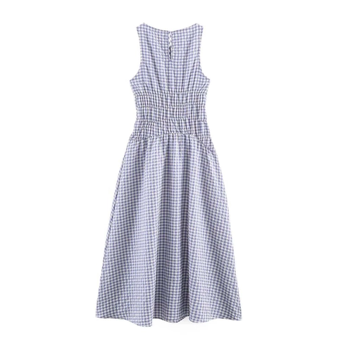 Damen Ärmellos Gingham Midi Kleid Gesmokte Taille A-Linie Rundhals Kariert Sommer Lässig Elegant Polyester Sommerkleid