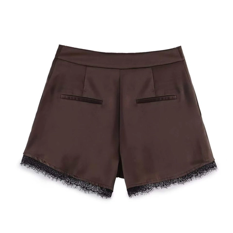 Dames High Waisted Satijnen Shorts Met Zwarte Wimperkant Donkerbruin Casual Zomer Gesplitste Geplooide Shorts